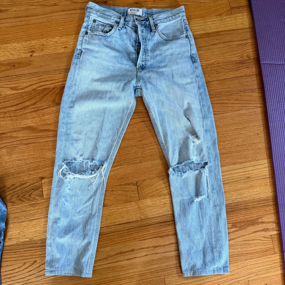 AGOLDE Distressed Straight Leg Jeans Size 24 Light Wash Blue Button Fly Denim